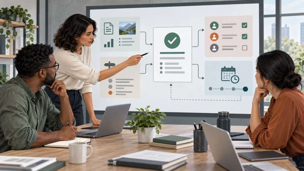 Decision Log Template: How to Record Project Decisions Without Repeating the Same Debate Project team using a decision log to connect evidence, an approved decision, actions, and a review point